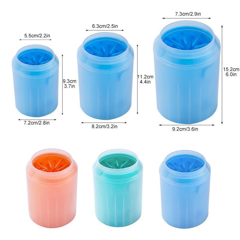 Closeup of portable dog paw cleaner showing soft silicone brushes inside for pet care.