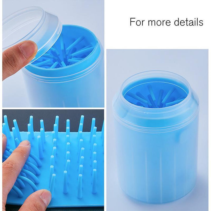 White dog paw cleaner cup with silicone brush detail, essential dog grooming accessory.