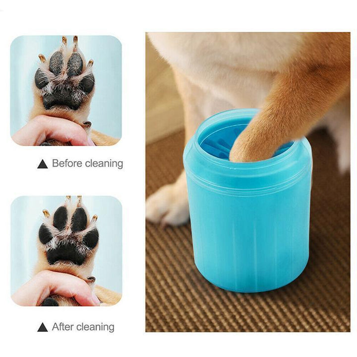 Portable pet paw cleaner, 360-degree rotating silicone brushes for thorough dog paw cleaning.