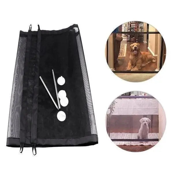 Indoor/outdoor dog gate, a portable & flexible pet safety barrier for small to medium dogs and cats.
