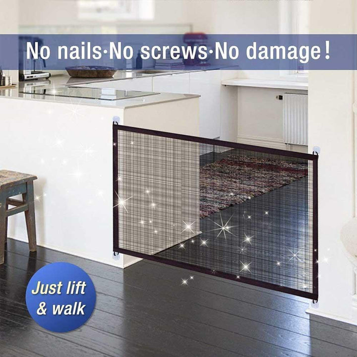 Pet safety barrier, freestanding design, offering quick pet containment for dogs and cats.