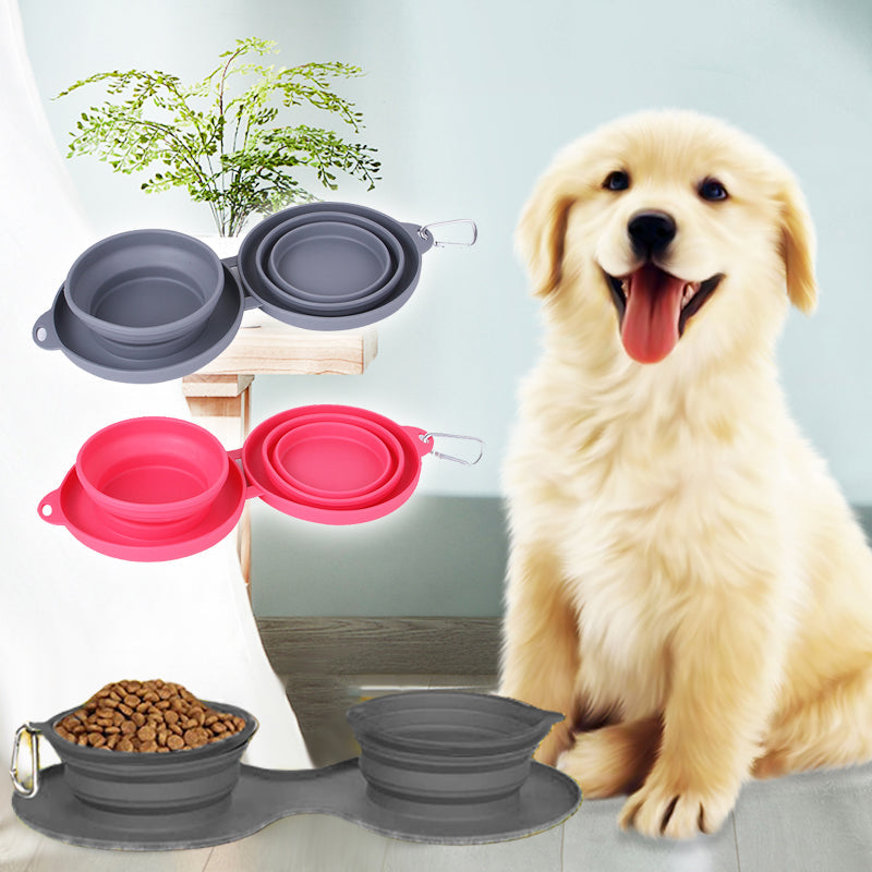 Portable pet travel food and water diner set, collapsed blue silicone bowls with carabiner clip