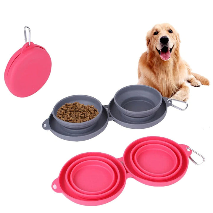 Stack of multiple colored portable silicone pet bowls, showcasing color options (blue, red, green)