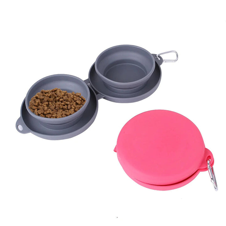 Detail shot of the carabiner clip on the blue pet travel bowl, for easy attachment to gear