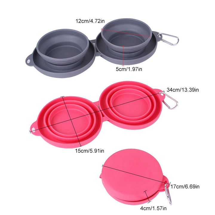 Ergonomic portable pet food and water bowls in blue silicone, designed for easy travel storage