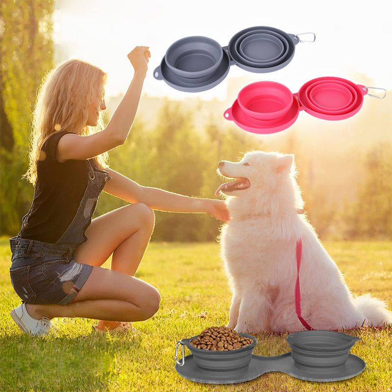 Unisex collapsible silicone pet food and water bowls in blue, with matching travel mat, on white
