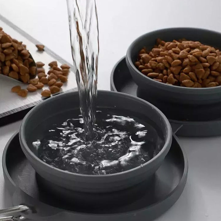 Overhead view of open blue silicone pet food and water bowls, empty and ready for use outdoors