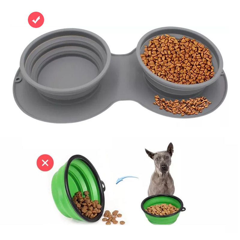 Blue silicone pet travel system with two interlocking bowls and a non-slip mat, top-down view