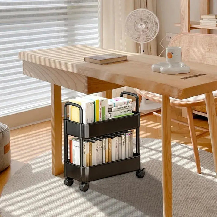 2-tier rolling storage cart for books & office essentials. Movable design with pen holder for home or study.