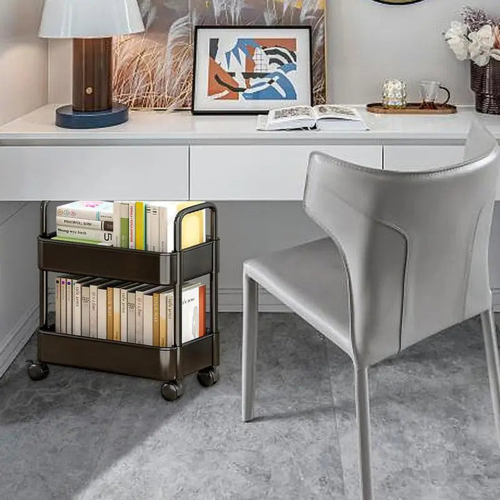 Small space rolling organizer: 2-tier book trolley with pen holder. Perfect portable storage for home or office.