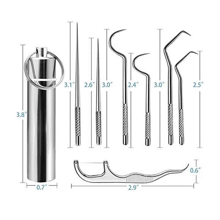 Showcasing the versatility of a stainless steel multi-tool toothpick for comprehensive oral hygiene.