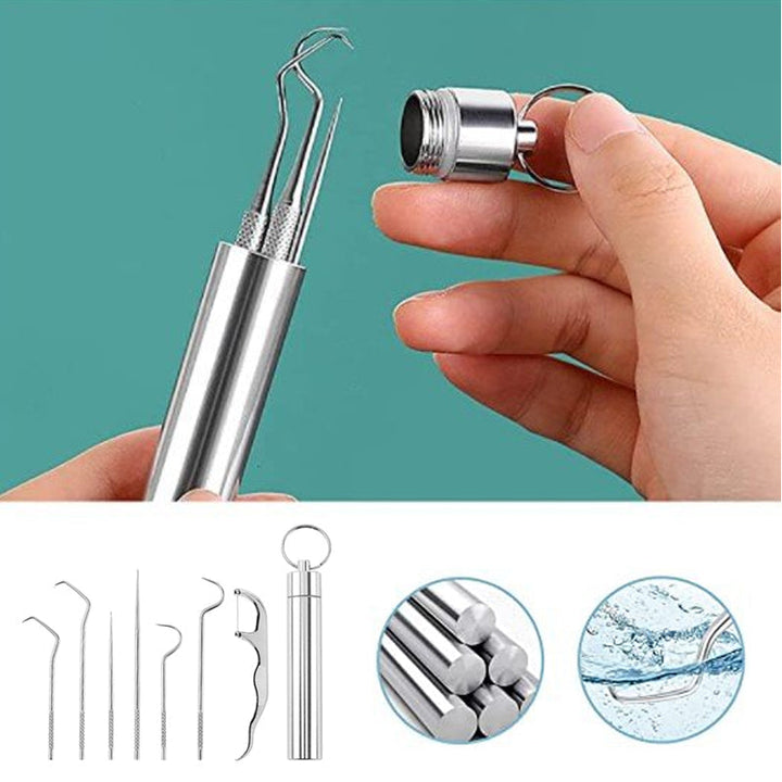 Compact stainless steel toothpick multi-tool, perfect for travel, camping, and daily oral care.