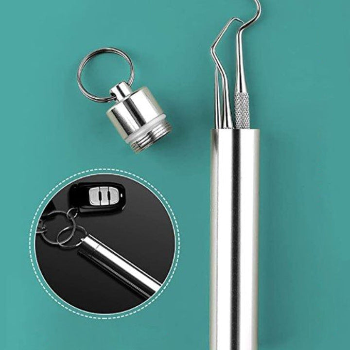 Collection of stainless steel toothpicks in a pocket-sized container, ideal for discreet oral hygiene.