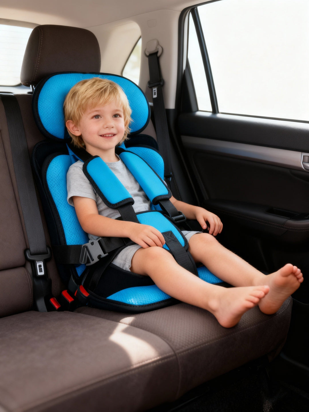 Portable travel car seat for kids with 5-point safety harness, ideal for compact car travel.