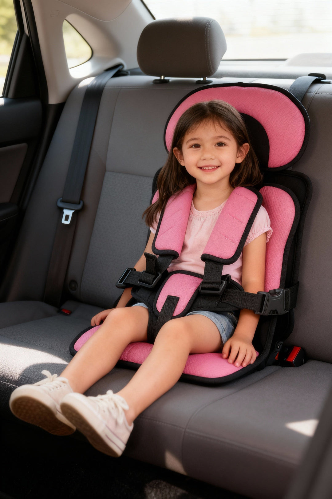 Portable car seat with safety harness, ensuring kids' comfort & security during car travel.