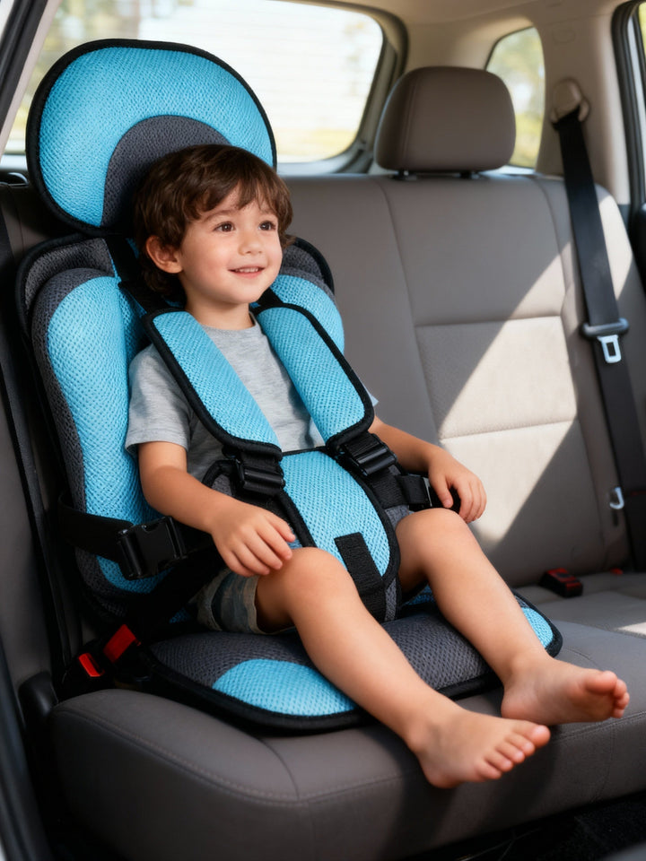 Portable booster seat for kids, making car travel safe & easy with its adjustable harness.