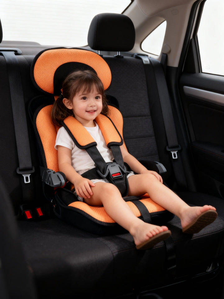 Kids' car travel safety seat, portable booster with adjustable child harness for various ages.