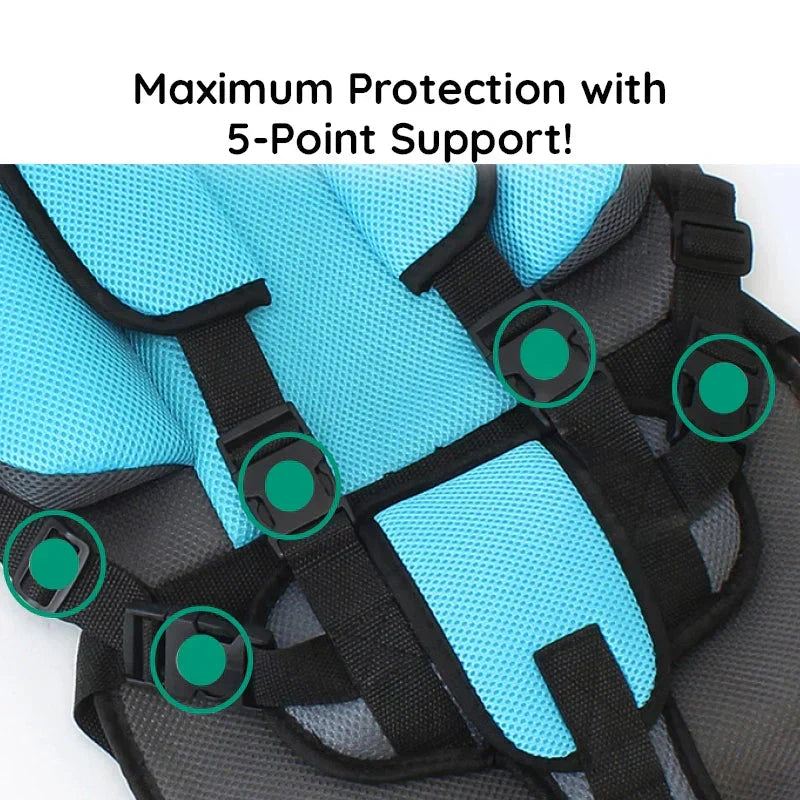 Adjustable kids' travel booster with child safety harness, designed for easy portability.