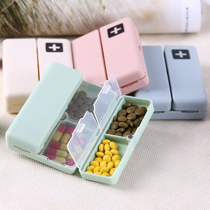 Small, portable medication storage case with 7 compartments, essential travel accessory