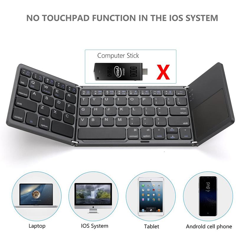 Compact foldable wireless keyboard unfolded, showcasing its QWERTY layout and multi-touch touchpad
