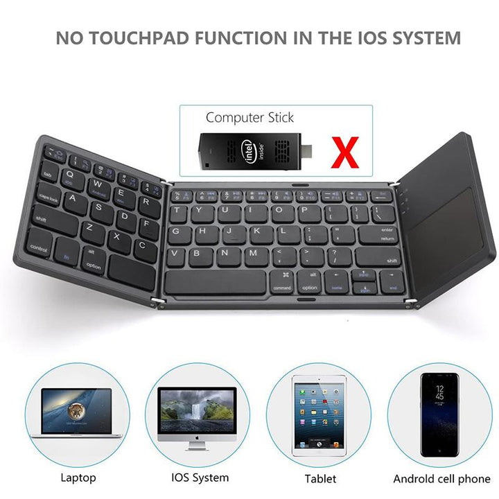 Compact foldable wireless keyboard unfolded, showcasing its QWERTY layout and multi-touch touchpad