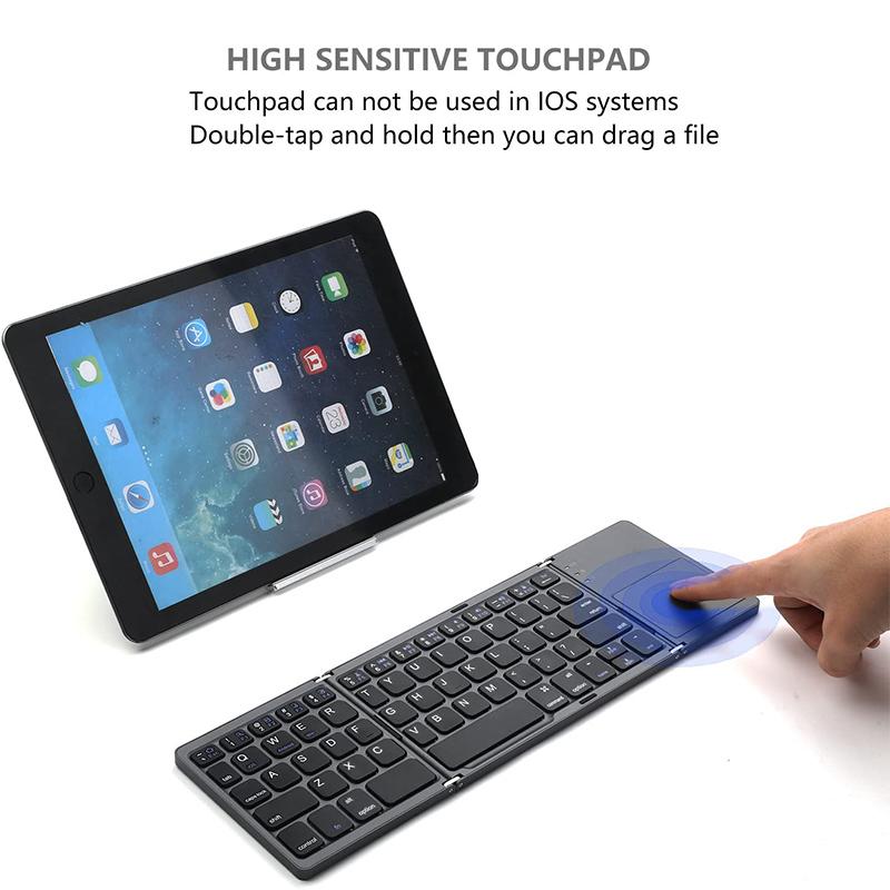 Tri-fold portable keyboard in folded position, demonstrating its slim and travel-friendly design