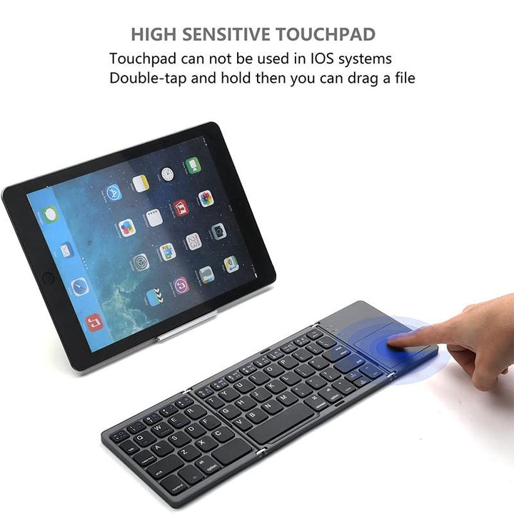 Tri-fold portable keyboard in folded position, demonstrating its slim and travel-friendly design