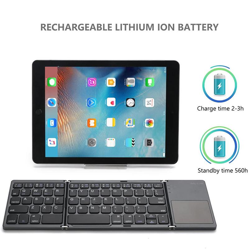 Wireless travel keyboard with touchpad, connecting seamlessly via Bluetooth to a smartphone
