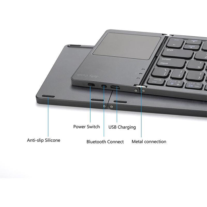 Ergonomic tri-fold Bluetooth keyboard with a responsive touchpad, great for on-the-go productivity