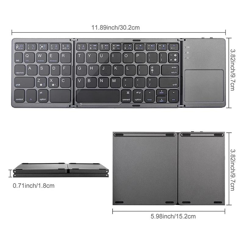 Close-up of the integrated touchpad on a portable tri-fold wireless keyboard for precise navigation