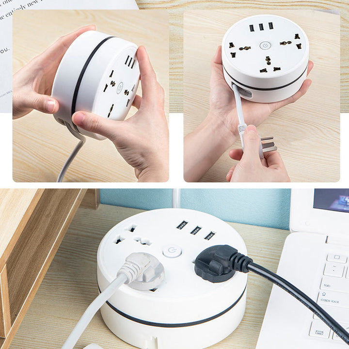 Portable universal power strip with 3 USB ports and versatile outlets, ideal for travel charging multiple devices.
