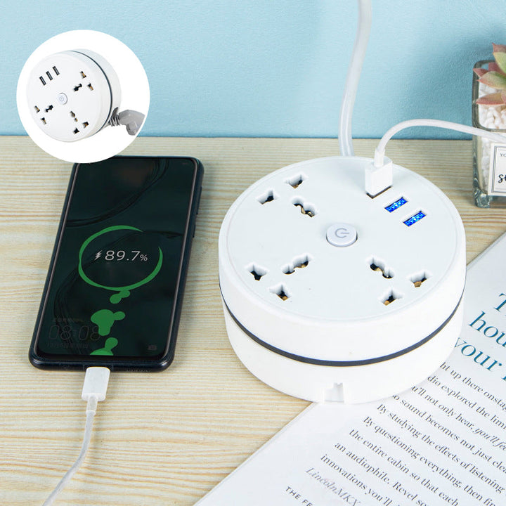 Compact travel power strip featuring USB-A and USB-C ports, surge protection, and a retractable cord.
