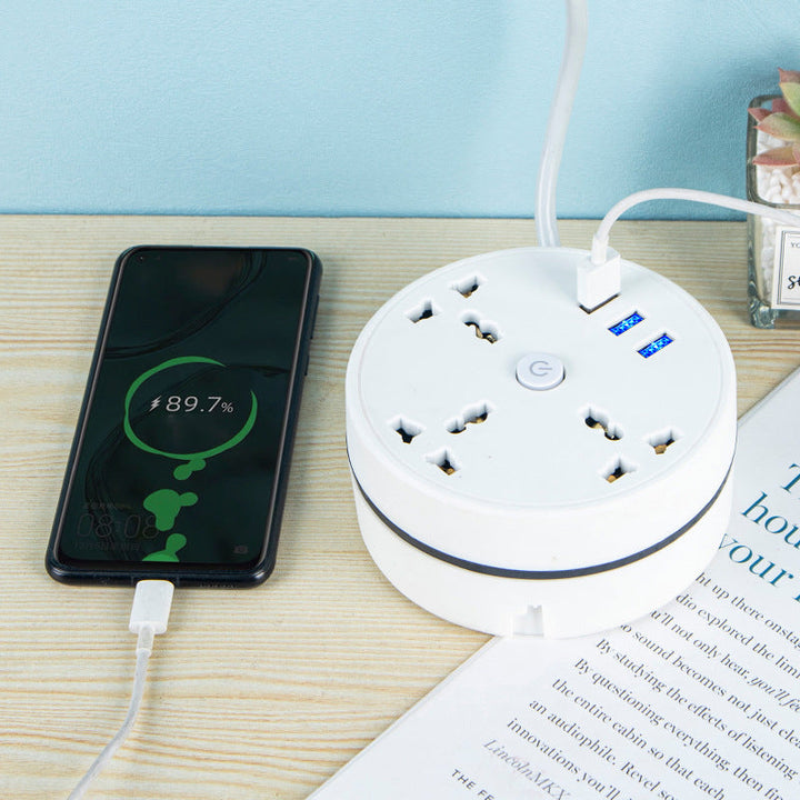 Universal power strip with multiple outlets and integrated USB charger for global electronics accessory use.