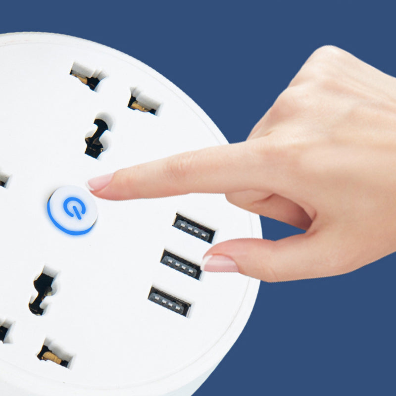 Compact universal power strip with built-in USB charger, a must-have travel adapter and surge protector.