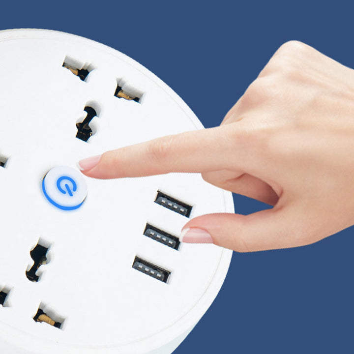 Compact universal power strip with built-in USB charger, a must-have travel adapter and surge protector.