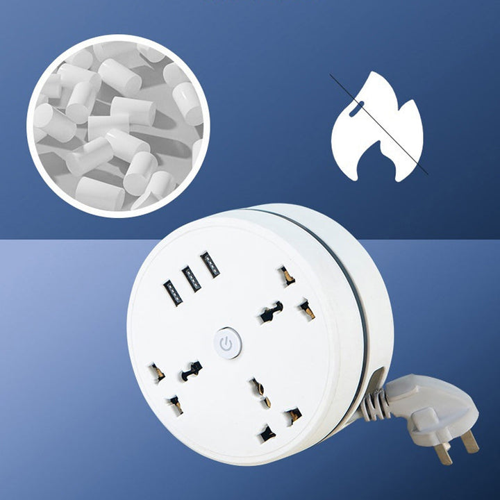 Power strip for travel featuring multiple universal outlets and high-speed USB ports, retractable cord design.