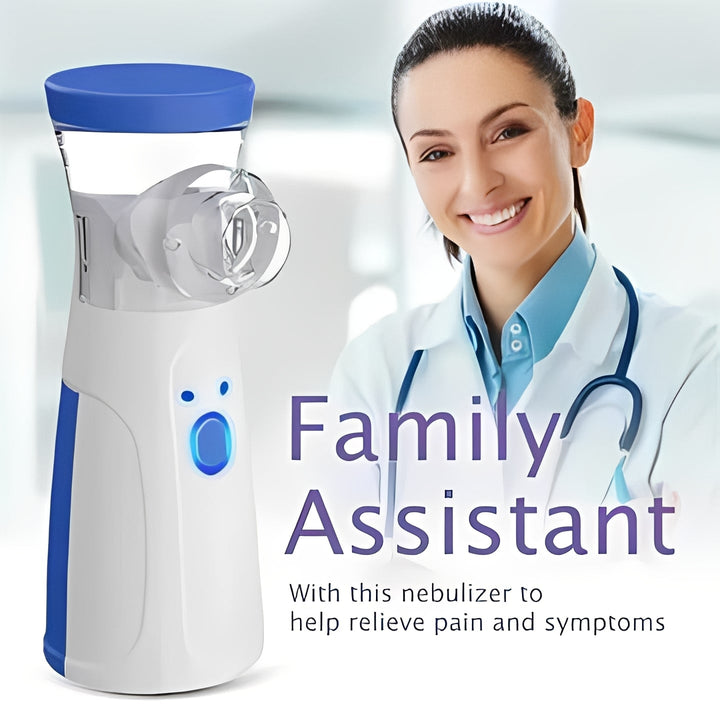 Close-up of portable USB nebulizer, delivering fine mist for respiratory wellness.