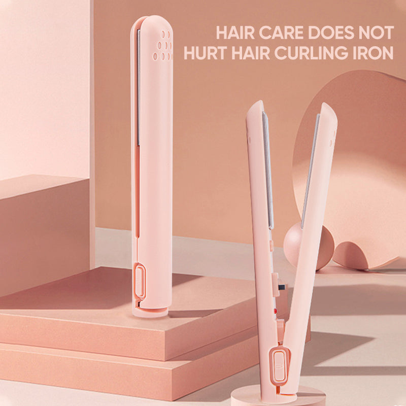 Portable USB-powered mini hair straightener and curler in rose gold, ideal for travel styling.
