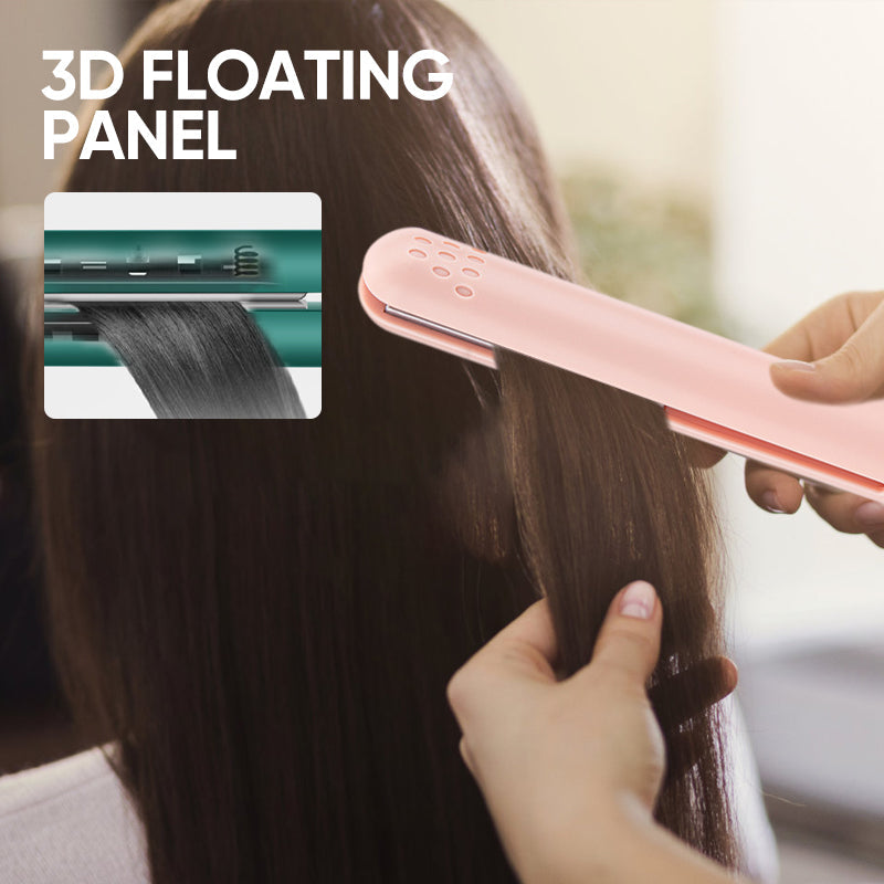Portable hair care device: a mini straightener and curler, USB-powered for convenience, in a chic pink hue.