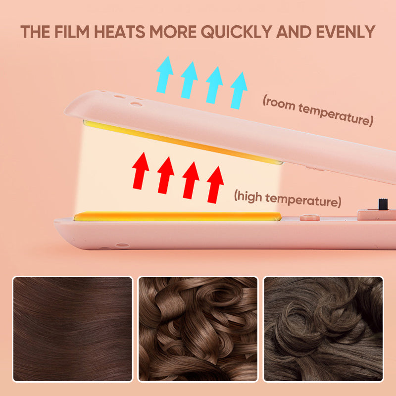 Travel-size USB-powered hair tool, capable of both straightening and curling, shown with charging cable.