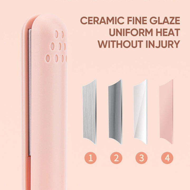 Sleek mini hair iron for straightening and curling, USB-powered, in a vibrant rose gold finish.