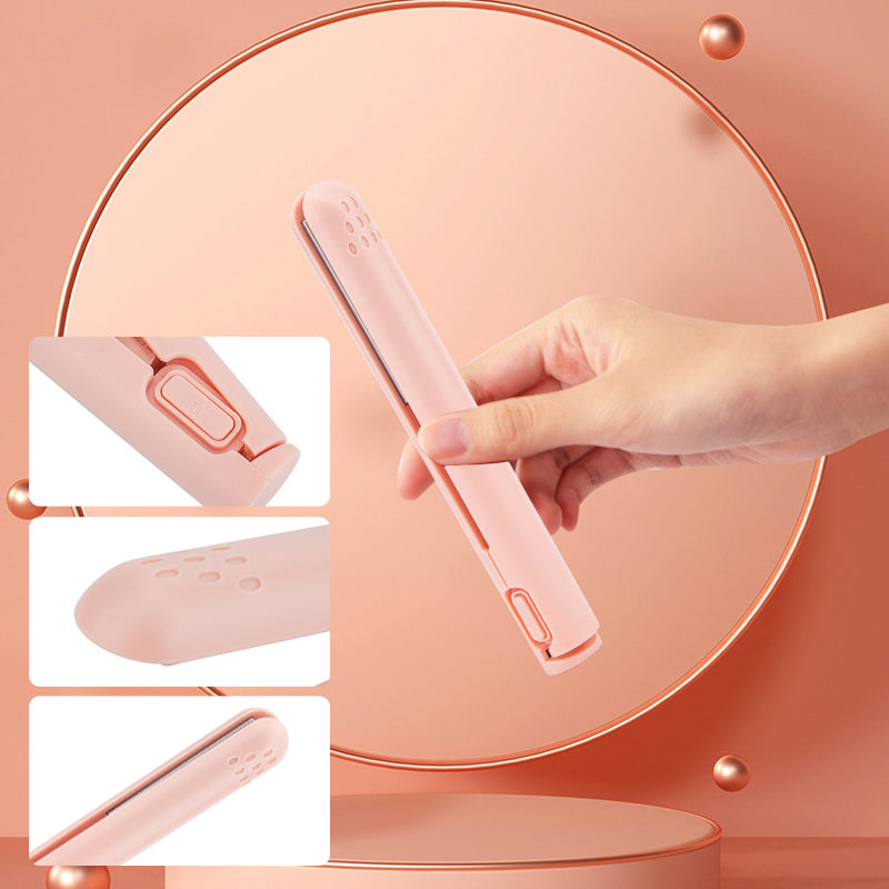 Ergonomic design of the USB-powered travel hair straightener and curler, easy to grip and use.