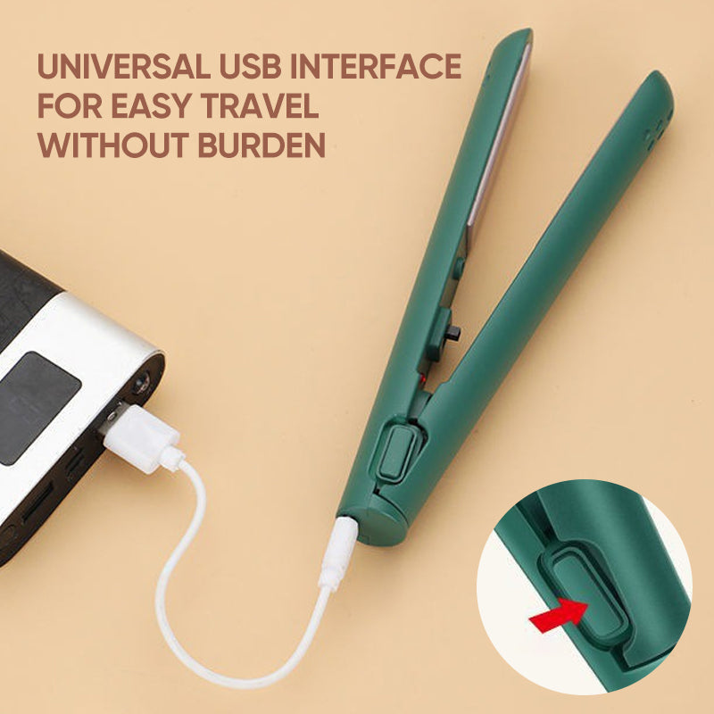 Mini hair straightener and curler, shown next to a smartphone to illustrate its compact, travel-friendly size.