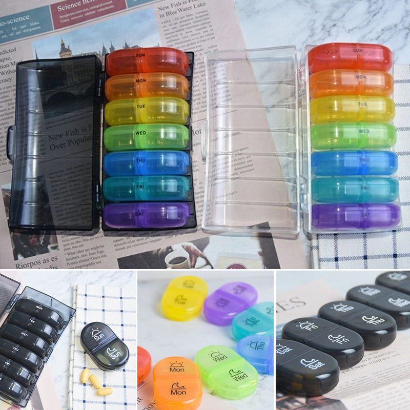 Portable weekly pill organizer with 7 daily compartments, perfect for medication management.