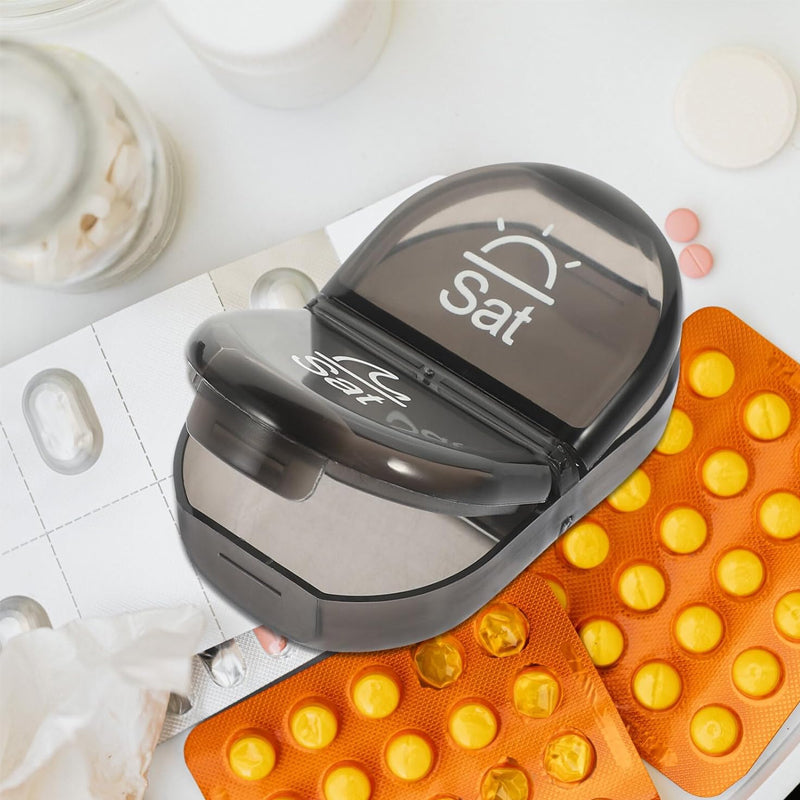 Compact weekly medication dispenser, offering secure and organized pill storage.