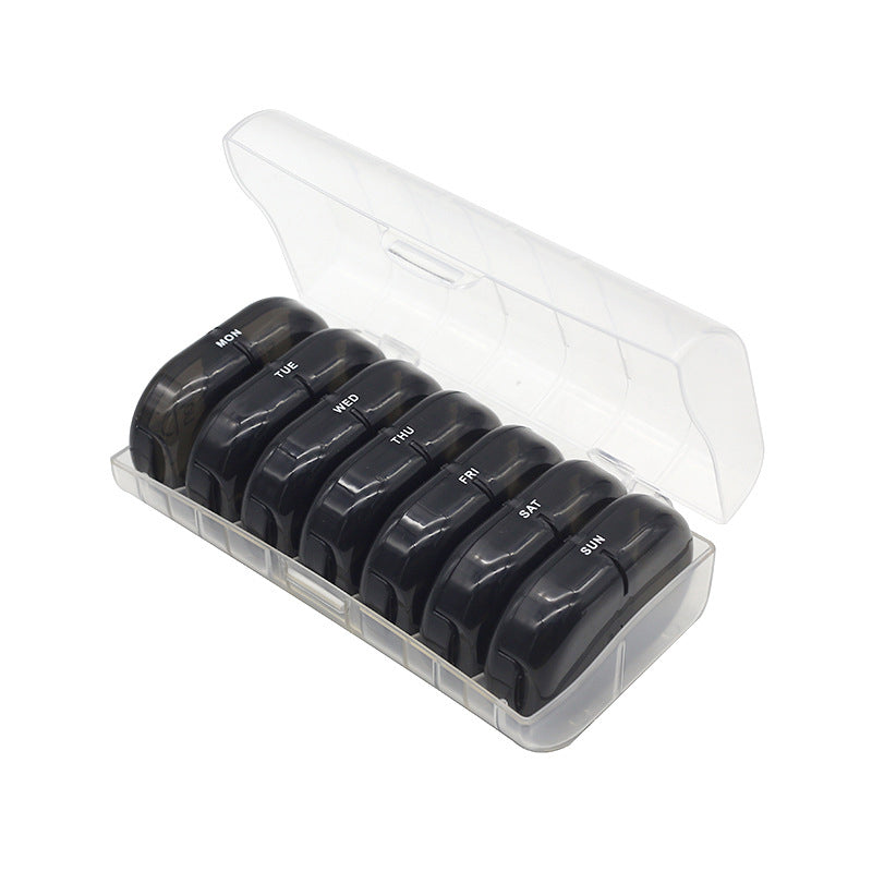 BPA-free pill storage case with 7 daily sections, emphasizing safety and convenience.