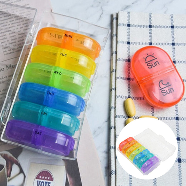 Compact BPA-free pill box for weekly medication storage, ideal for travel and daily use.