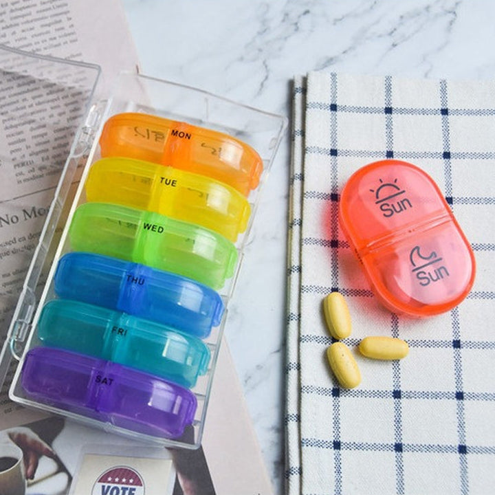 Travel-friendly medication organizer with clearly marked daily compartments for easy access.