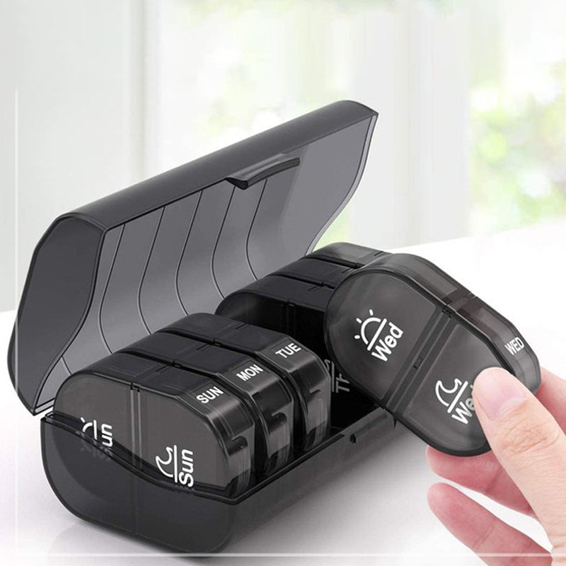 Durable portable pill box, designed for secure storage of vitamins and medication all week.