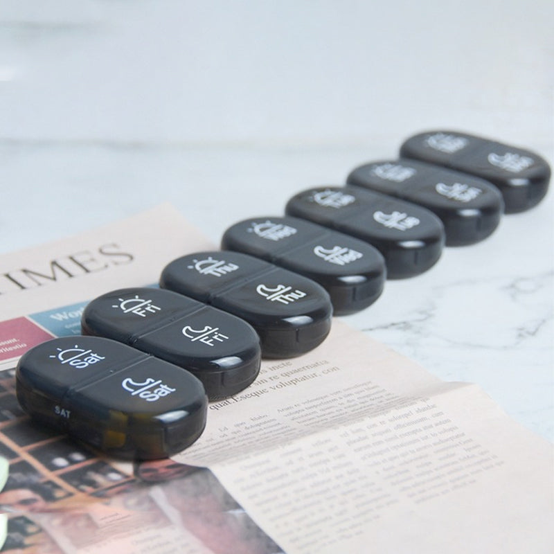 Seven-day pill organizer with snap-tight lids, ensuring pills stay safe during transport.